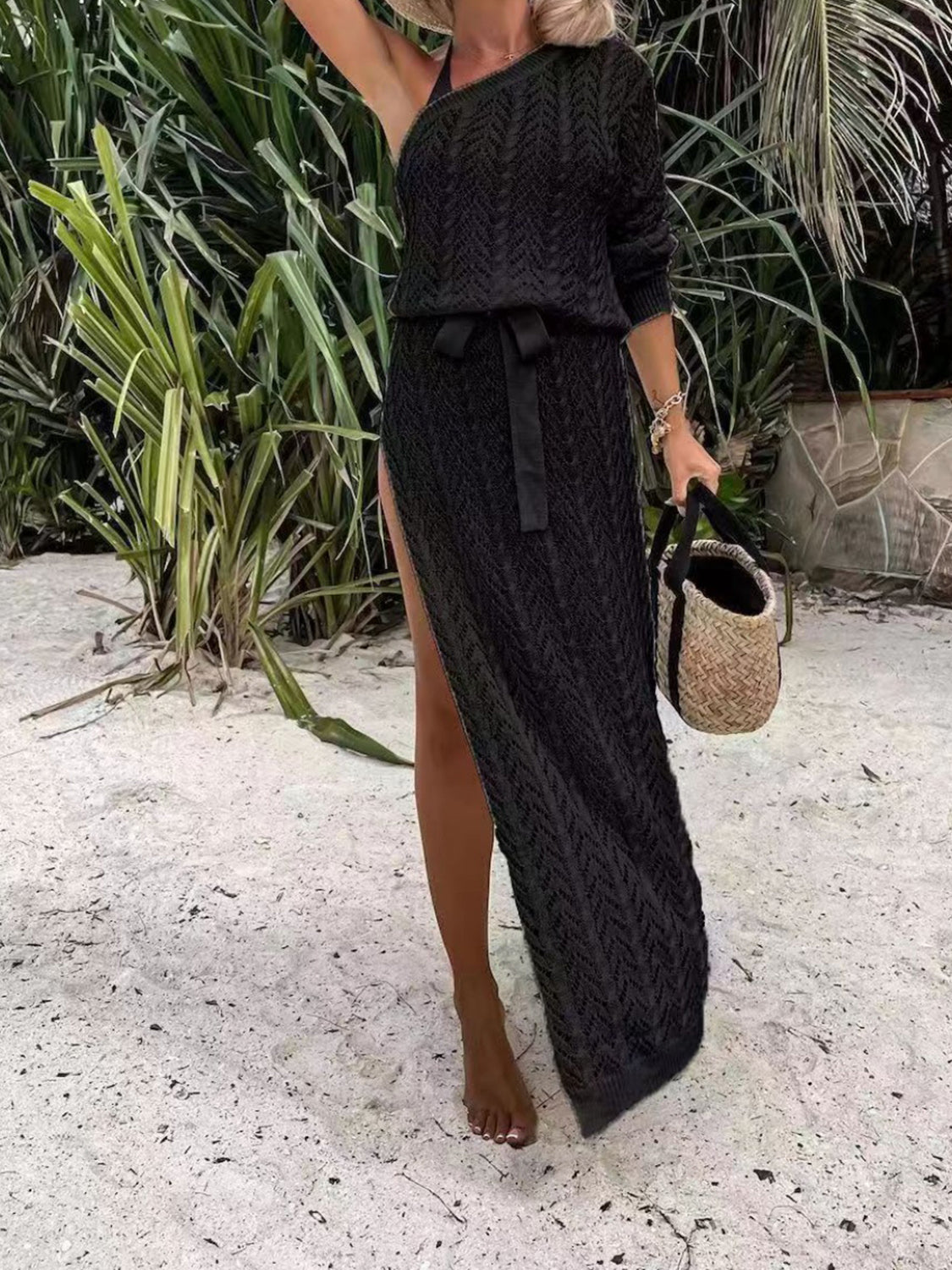 Slit Openwork Single Shoulder Knit Dress - store name